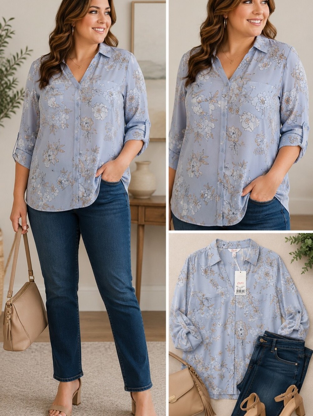 Candie's Plus Size 1X Blue Floral Roll-Tab Sleeve Button Front Blouse NWT